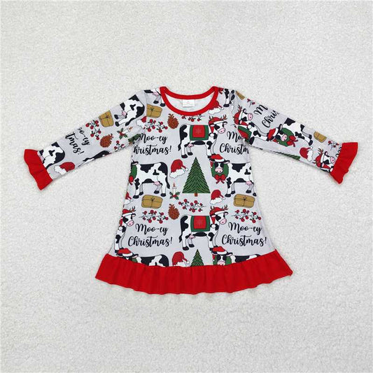 11.21 RTS NO MOQ （In stock）GLD0539 Baby Girls Christmas Cows Knee Length Gowns Dresses