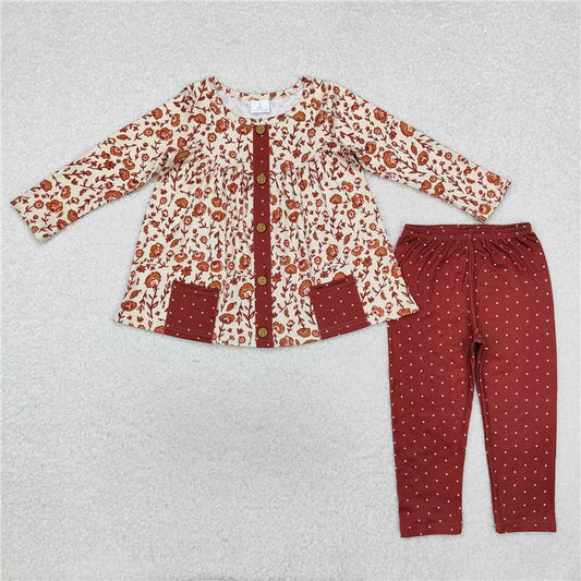 GLP1894Brown polka dots pocket floral tunic leggings girls clothes