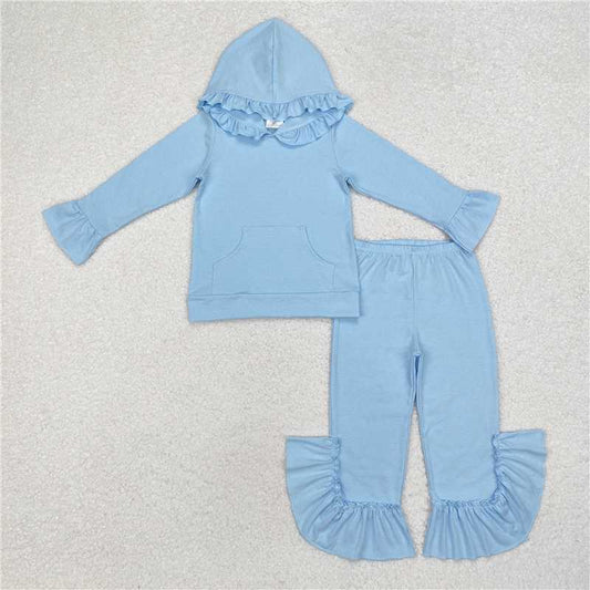 10.30 RTS NO MOQ （In stock）Matching GLP2058 Baby Girls Light Blue Hooded Ruffle Top Bell Pants Clothes Sets