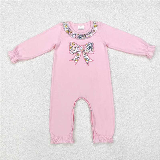 USA Shop (in stock)LR1812Pink bow ruffle long sleeves baby girls romper