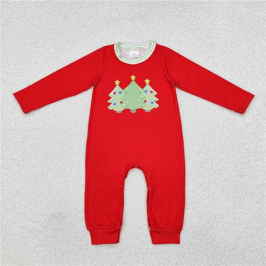12.11 RTS NO MOQ （In stock）Matching Christmas LR1561 Baby Infant Boys Red Christmas Trees Long Sleeve Rompers