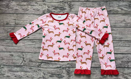 Modal Christmas hat puppy pink long sleeve long pants pajamas set