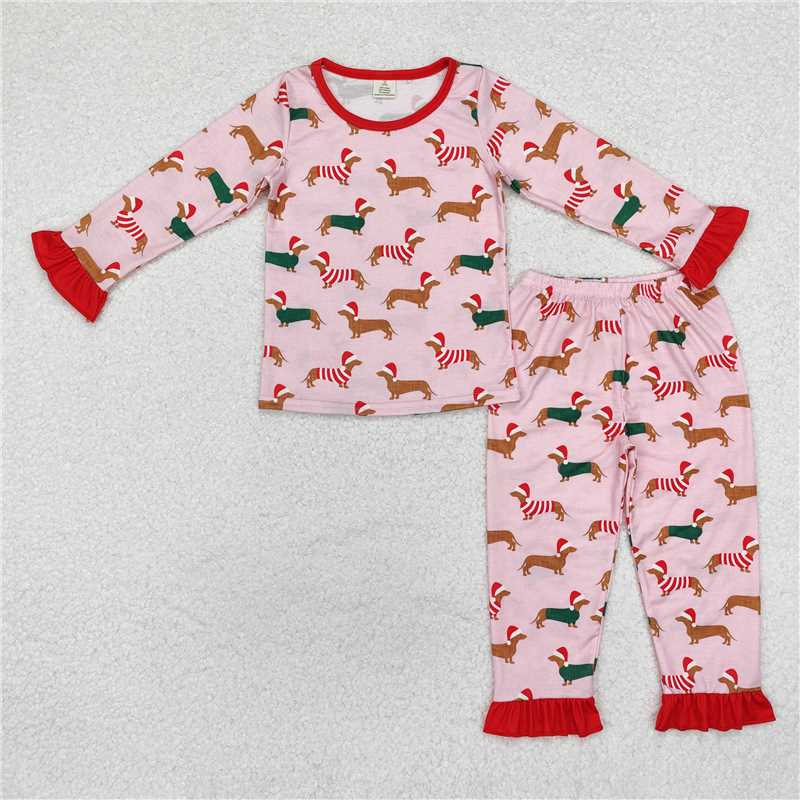 12.9 RTS NO MOQ （In stock）GLP1244 Baby Girls Christmas Dachshund Bamboo Pajamas Outfits Sets