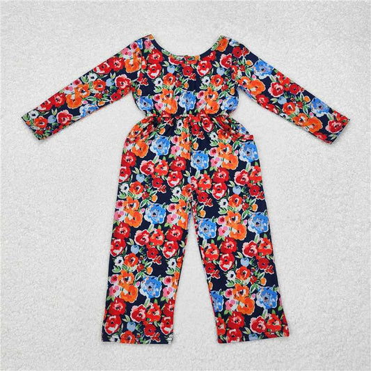 12.12 RTS NO MOQ （In stock）Matching LR1836 Baby Girls Orange Navy Flowers Long Sleeve Fall Jumpsuits
