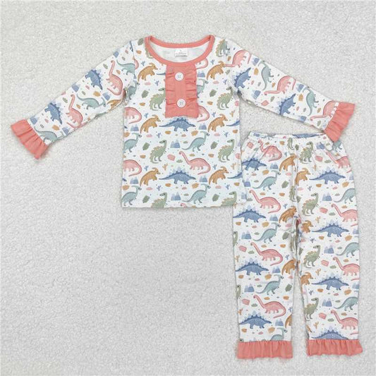 GLP1969Pink ruffle long sleeves dinosaur kids girls pajamas