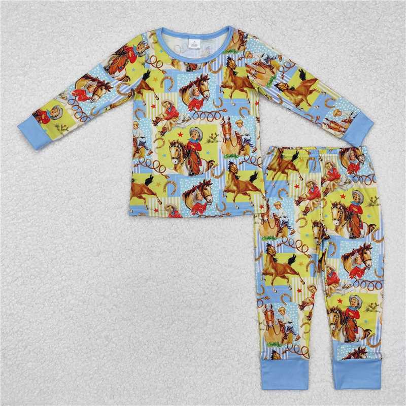 BLP0915Light blue long sleeves horse rodeo kids pajamas