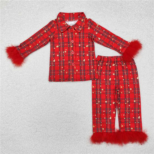 GLP0956Red stars plaid kids girls button down Christmas pajamas