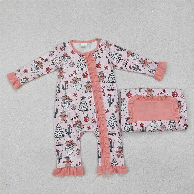 LR1675Santa gingerbread cactus girls Christmas zipper romper