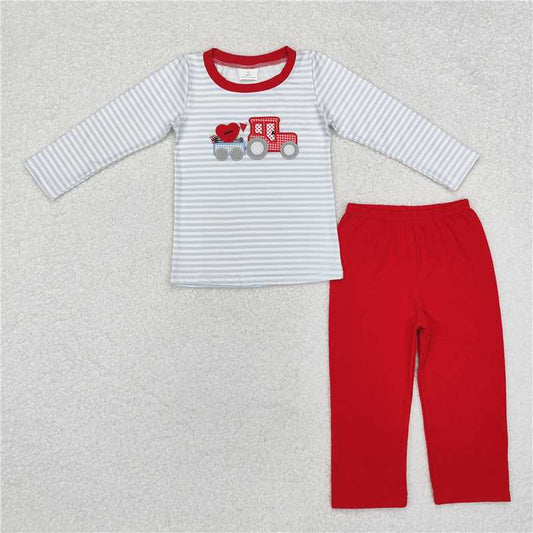 BLP0932 Grey stripe heart truck top red pants boys clothing