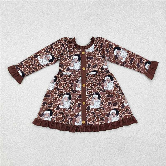 11.21 RTS NO MOQ （In stock）GLD0910 Baby Girls Camo Christmas Santa Buttons Knee Length Dresses