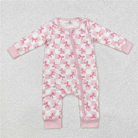 LR1607Long sleeves pink plaid bow baby girls zipper sleeper