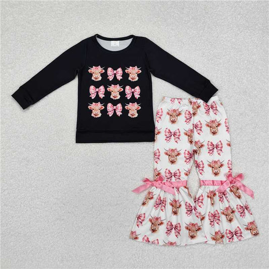 GLP1893Black bow highland cow top pants western girls clothes