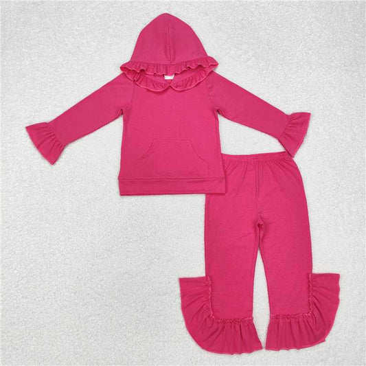 GLP2061  Hot pink color cotton ruffle hoodie pants girls clothing set