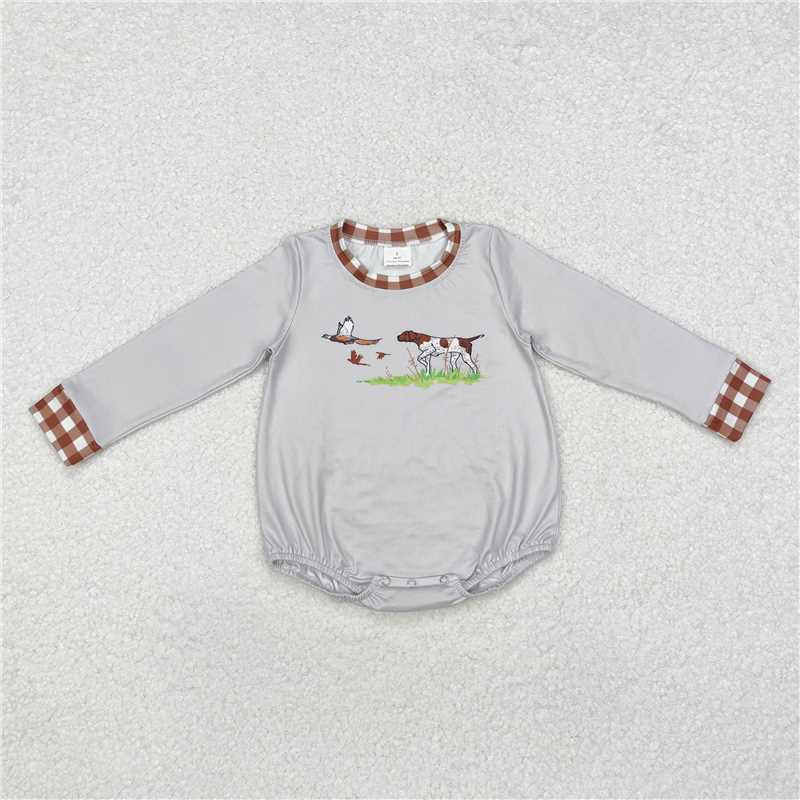 12.10 RTS NO MOQ （In stock）Matching LR1999 Baby Infant Boys Grey Dog Duck Hunting Rompers