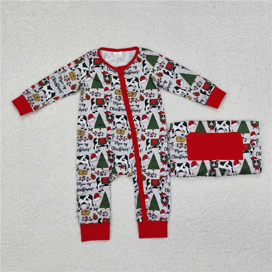 12.4 RTS NO MOQ （In stock）Matching Christmas LR1075 Baby Infant Boys Christmas Cows Zip Rompers