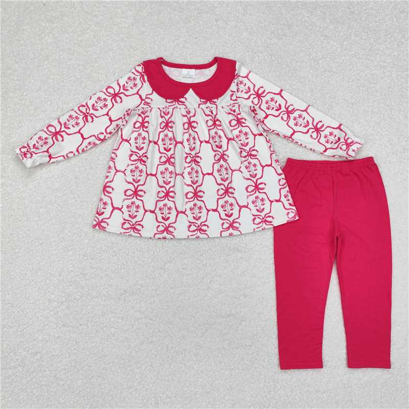 GLP1623Hot pink bow floral tunic leggings girls clothing set