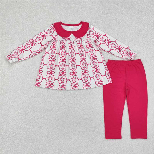 GLP1623Hot pink bow floral tunic leggings girls clothing set