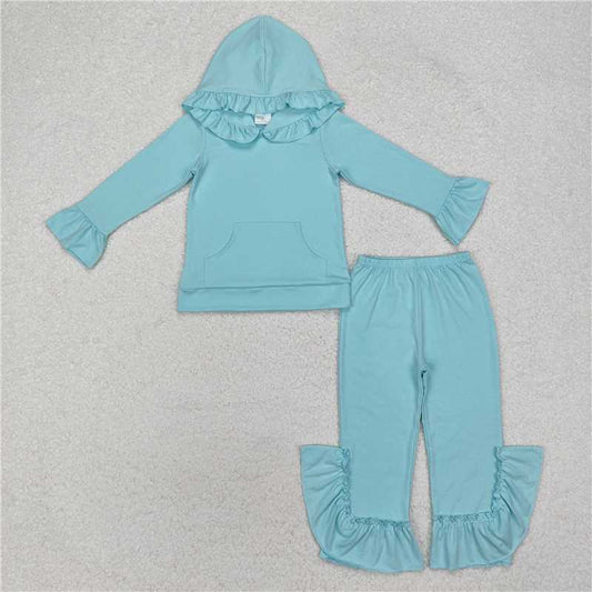 GLP2057  Baby Girls Aqua Hooded Ruffle Top Bell Pants Clothes Sets