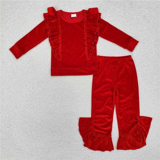 GLP2164Red velvet ruffle top pants kids girls outfits