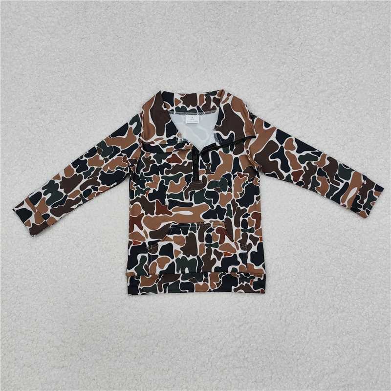 11.4 RTS NO MOQ （In stock）Matching BT1038 Baby Boys Dark Brown Camo Zip Pocket Pullovers Tops