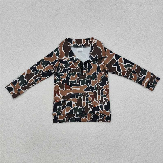 11.4 RTS NO MOQ （In stock）Matching BT1038 Baby Boys Dark Brown Camo Zip Pocket Pullovers Tops