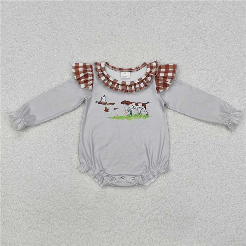 12.10 RTS NO MOQ （In stock）Matching LR2000 Baby Infant Girls Grey Dog Duck Hunting Rompers