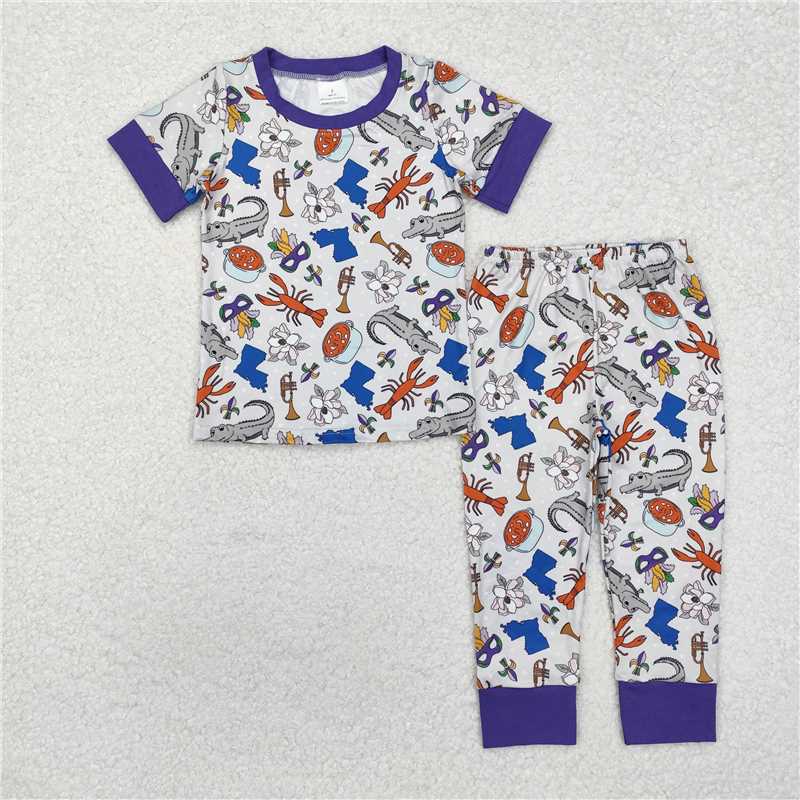 12.17 RTS NO MOQ （In stock）GSPO1758 Baby Girls Mardi Gras Crocodile Purple Shirts Pants Pajamas Clothes Sets
