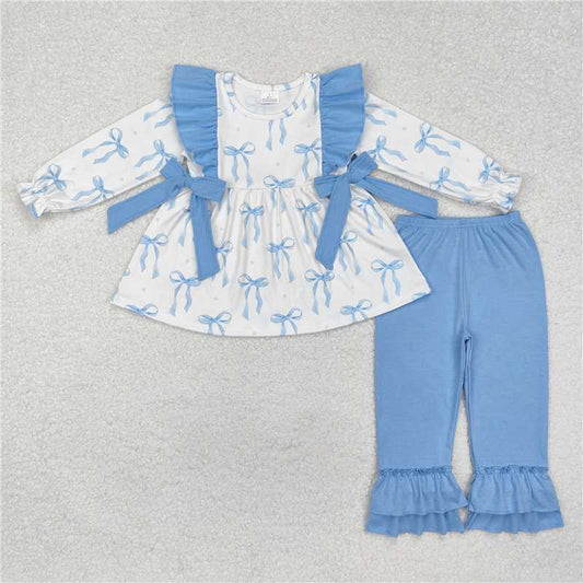 GLP2109 RTS NO MOQ Baby Girls Winter Outfits Light blue bow tunic ruffle pants girls clothing set
