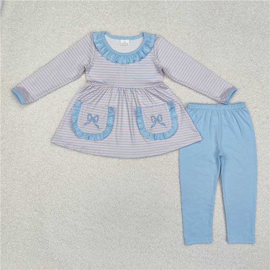 11.21 RTS NO MOQ （In stock）Matching GLP1389 Baby Girls Blue Stripes Bow Pockets Tunic Legging Pants Clothes Sets