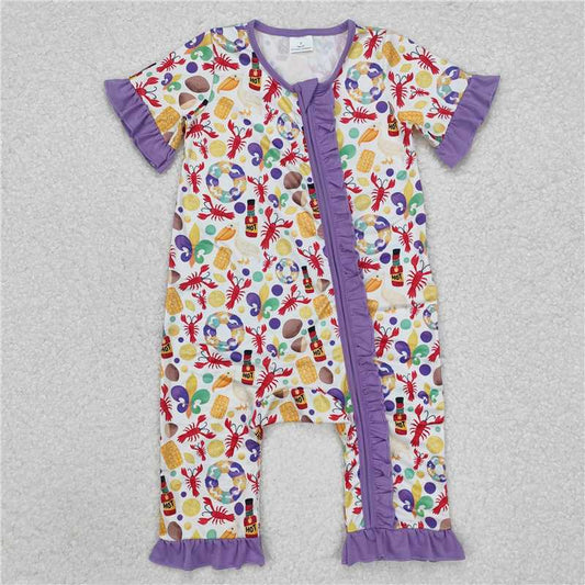 SR2019  Baby Infant Girls Mardi Gras Anchor Crawfish Zip Rompers