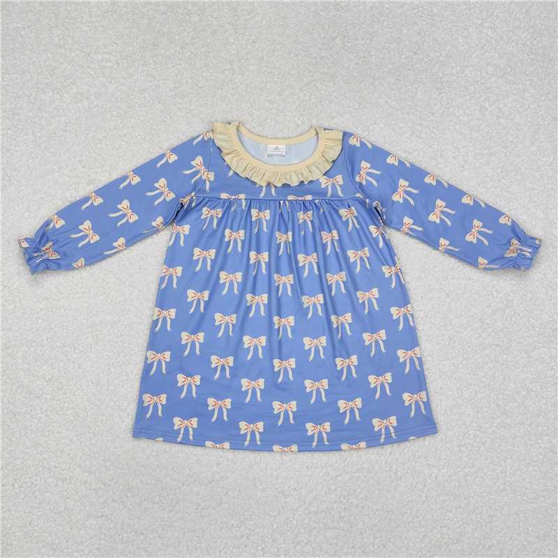 12.4 RTS NO MOQ （In stock）Matching GLD0897 Baby Girls Blue Bows Ruffle Knee Length Dresses