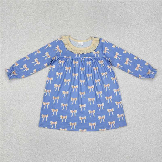12.4 RTS NO MOQ （In stock）Matching GLD0897 Baby Girls Blue Bows Ruffle Knee Length Dresses