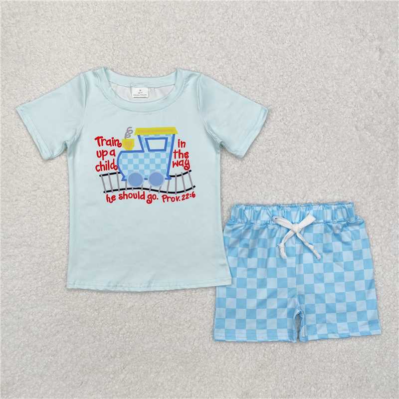 BSSO1128Short sleeves train shirt plaid shorts boys summer clothes