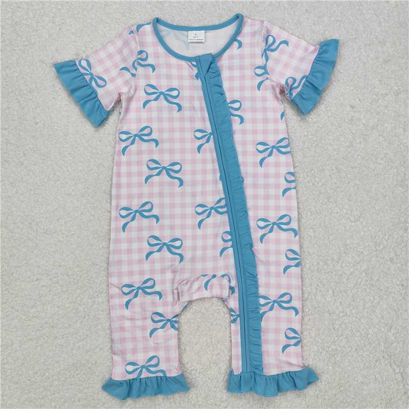 SR2026Pink plaid bow short sleeves baby girls zipper romper