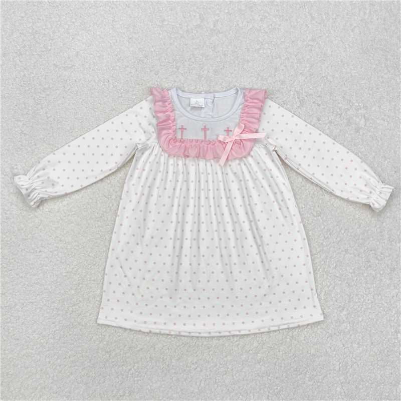 GLD0981 Girls Easter Embroidery Cross Polka Dot Pink Lace Long Sleeve Dress