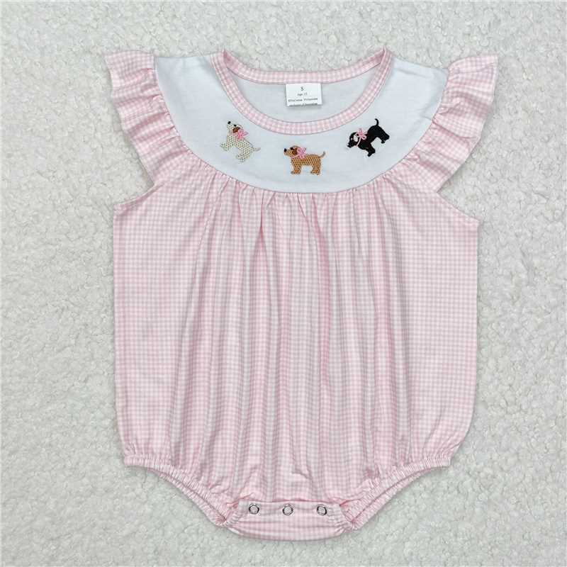 SR2073Pink flutter sleeves dog print baby girls romper