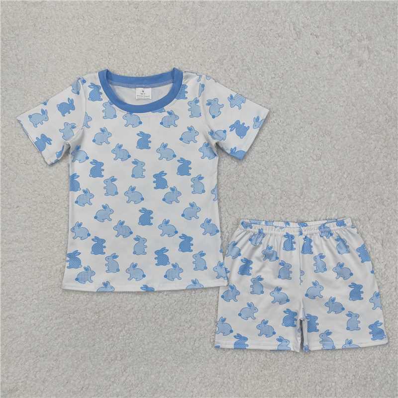 BSSO1163 Boys Easter Plaid Polka Dot Bunny Blue and White Short Sleeve Shorts Pajama Set