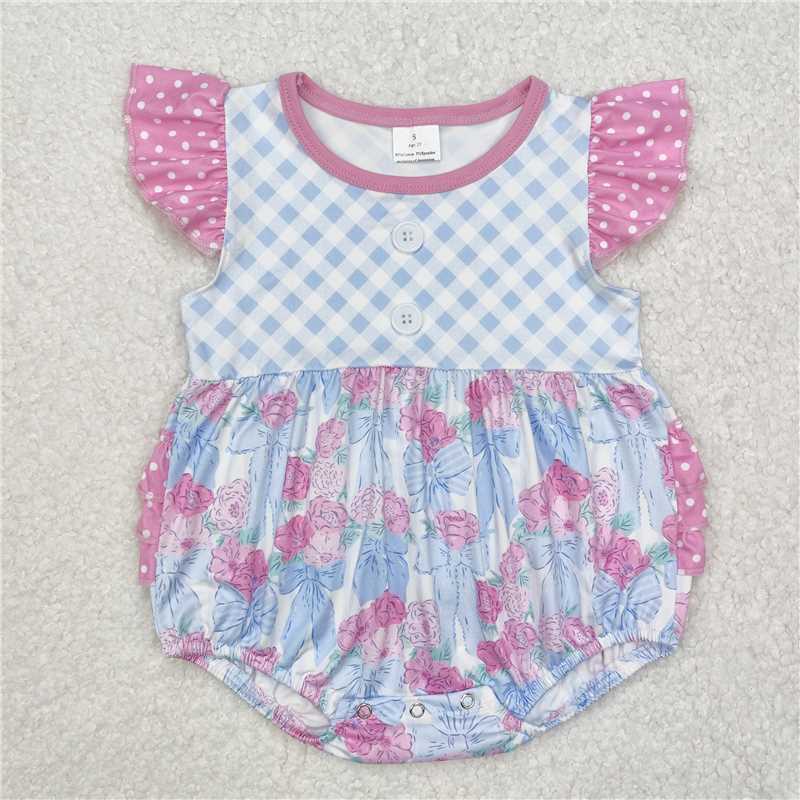 SR2298Flutter sleeves floral bow plaid baby girls romper