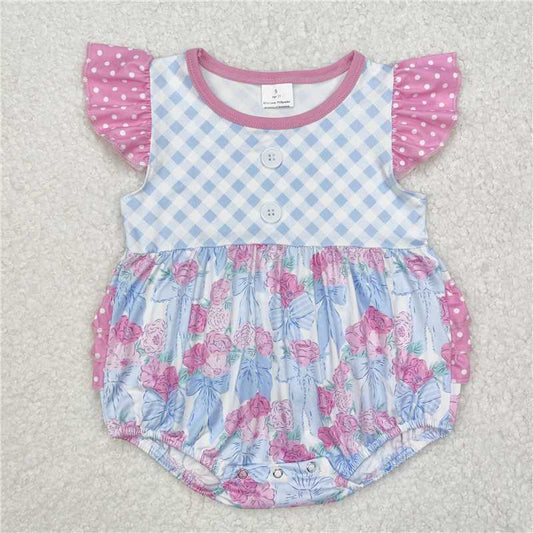 SR2298Flutter sleeves floral bow plaid baby girls romper