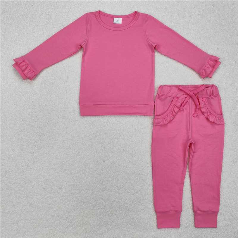 11.26 RTS NO MOQ （In stock）Matching GLP2258 Baby Girls Hot Pink Top Ruffle Pockets Pants Jogger Clothes Sets