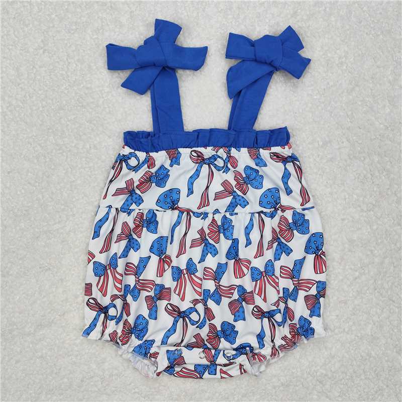SR2318 Bow pattern blue lace baby girl 4th of July romper