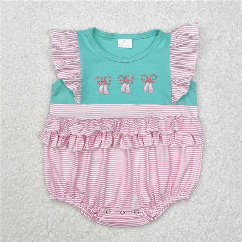 SR2326Pink stripe flutter sleeves dance shoes baby girls romper