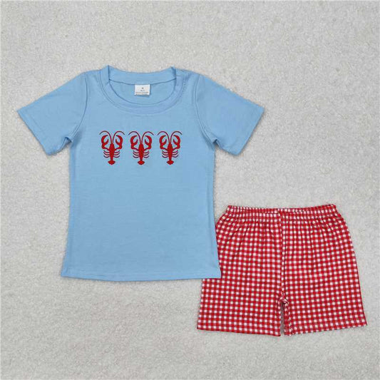 BSSO1161Light blue crawfish top plaid shorts boys clothing