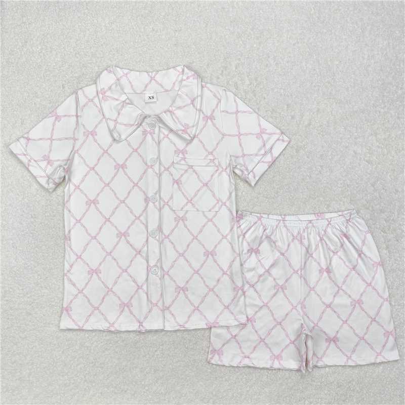 GSSO1708Short sleeves pink bow adult women button down pajamas
