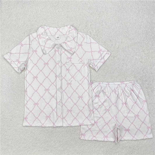 GSSO1708Short sleeves pink bow adult women button down pajamas
