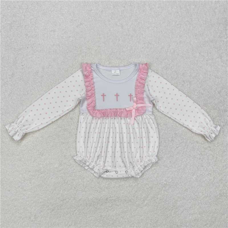 LR2136Pink polka dots cross baby girls Easter romper