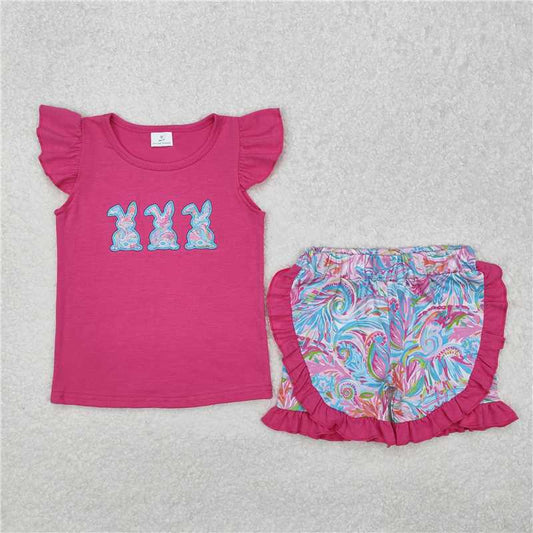 12.27 RTS NO MOQ （In stock）Matching GSSO1466 Baby Girls Easter Pink Rabbits Shirt Floral Ruffle Shorts Clothes Sets