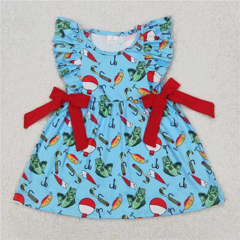 12.25 RTS NO MOQ （In stock）Matching GSD1953 Baby Girls Fishing Float Bows Knee Length Dresses