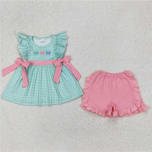 12.29 RTS NO MOQ （In stock）Matching GSSO2017 Embroidery Baby Girls Crabs Bows Tunic Ruffle Shorts Sets