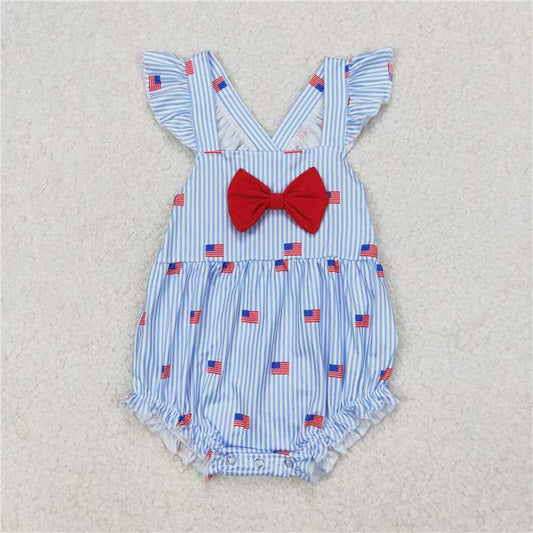 1.5 RTS NO MOQ （In stock）SR2921 4th of July Baby Infant Girls Blue Stripe Flags Bow 4th Of July Rompers